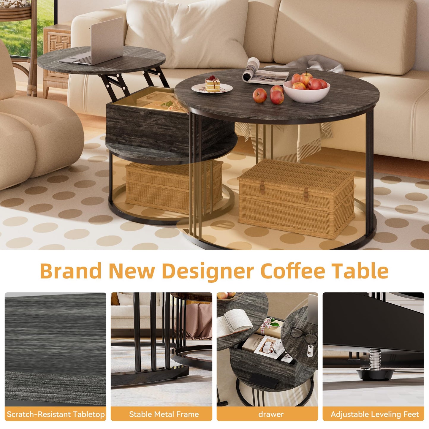 PURFINO Round Coffee Table - 70cm/50cm Nesting Tables Set of 2, Hydraulic Lift-Top with Hidden Storage, Centre Table for Living Room, Small Space