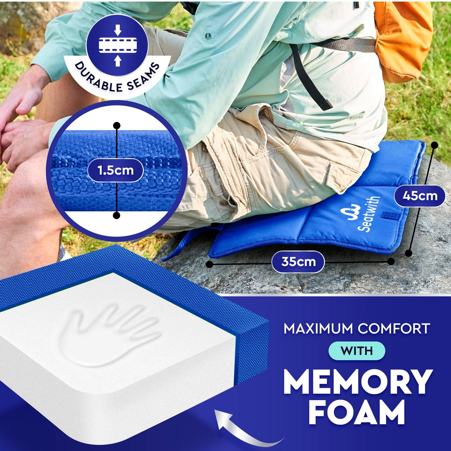 Thermal Foldable Outdoor Seat Cushion with Memory Foam 45x35cm Blue