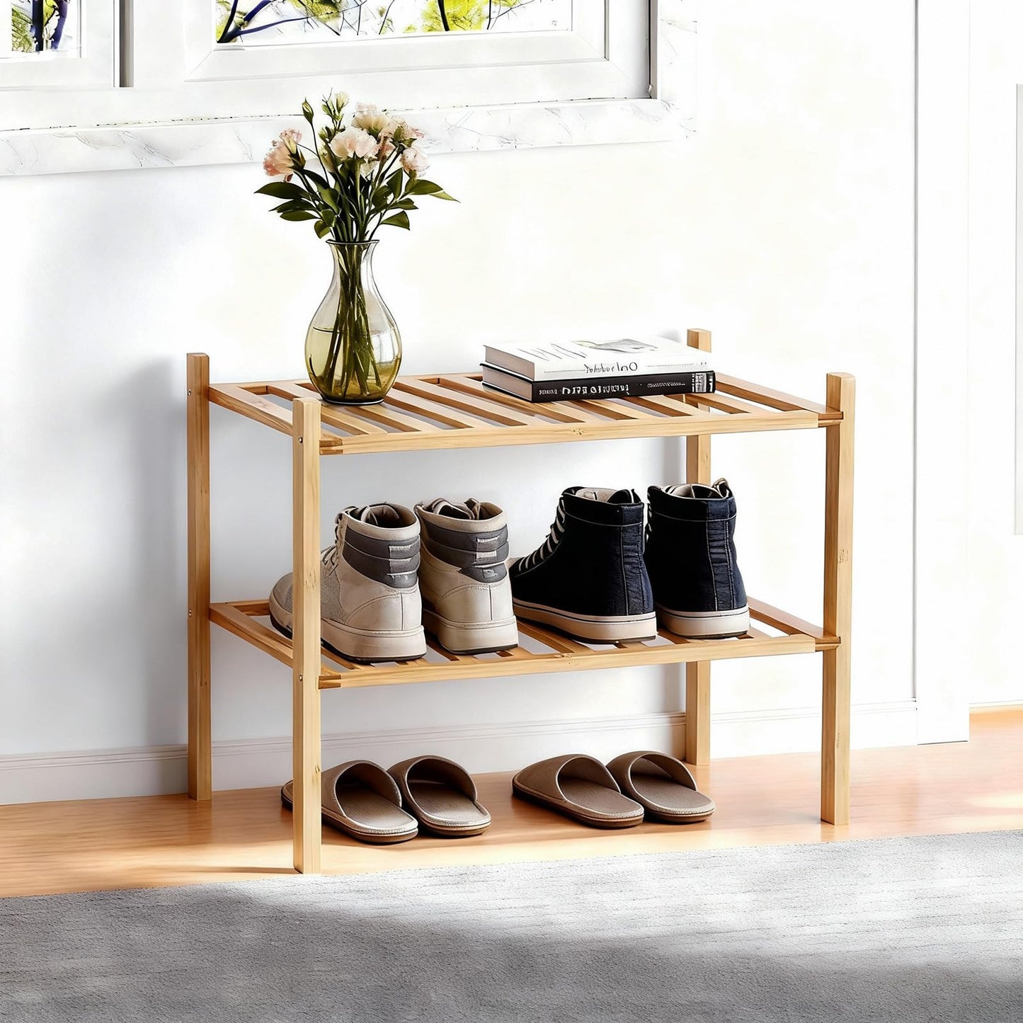 Akloya Small Shoe Rack, Multipurpose 2 Tier Shoe Organizers Rack，Small Bamboo Shelfs for Shoes, Plants, Books, Living Room, Hallway Bedroom, Bathroom