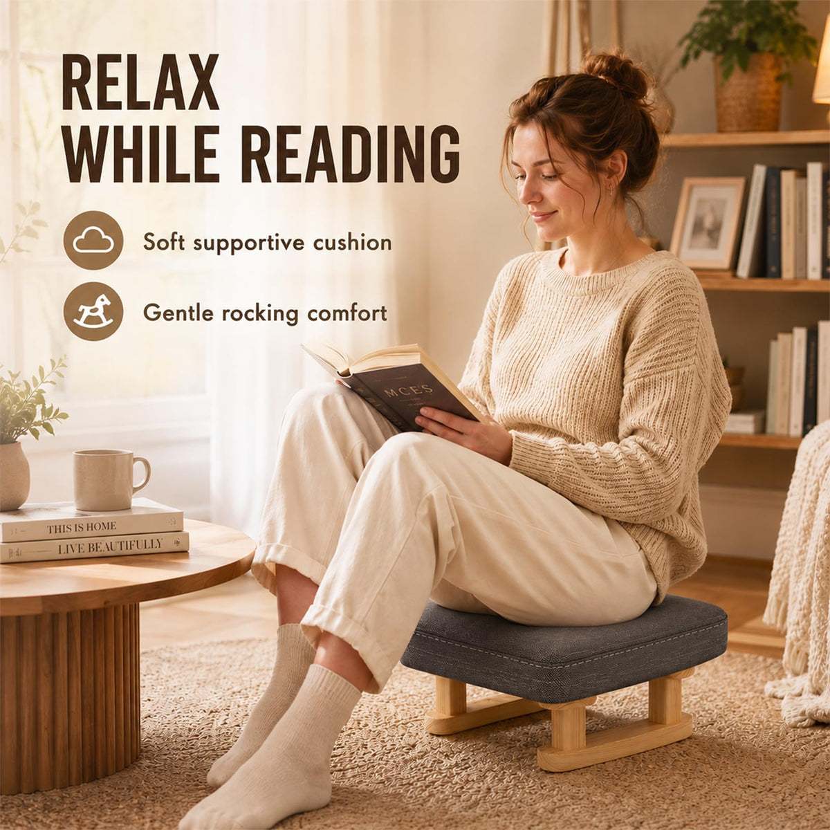 Ottoman Footstool with Wooden Legs , 41x30x18cm Pouffe Footrest with Removable Washable Cover, Solid Wood Legs Anti-Slip