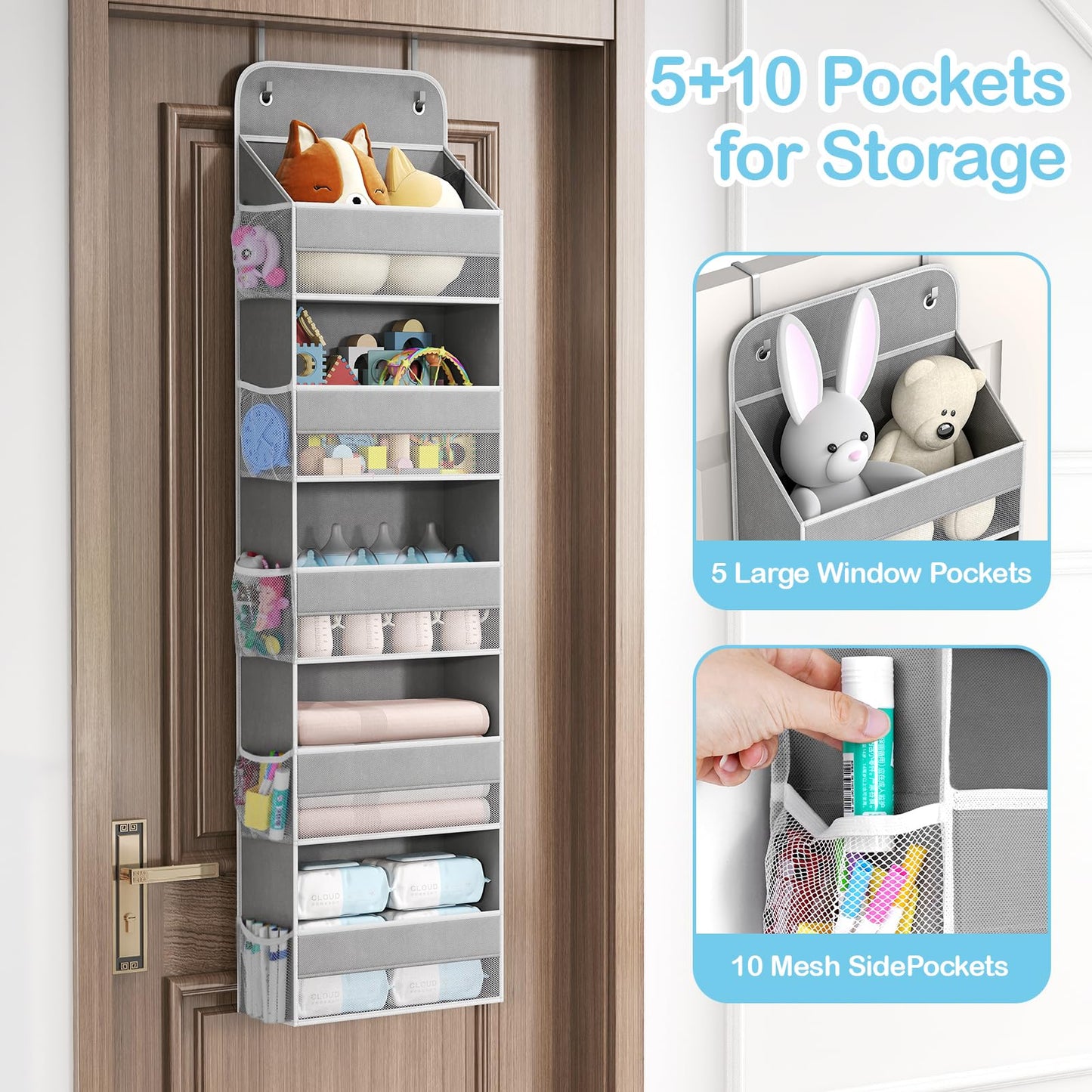 LAMU 5-Tier Over The Door Storage, Swing - Proof Hanging Wardrobe Organiser for Baby Clothes, Back of Door Storage for Bedroom, Nursery and Bathroom