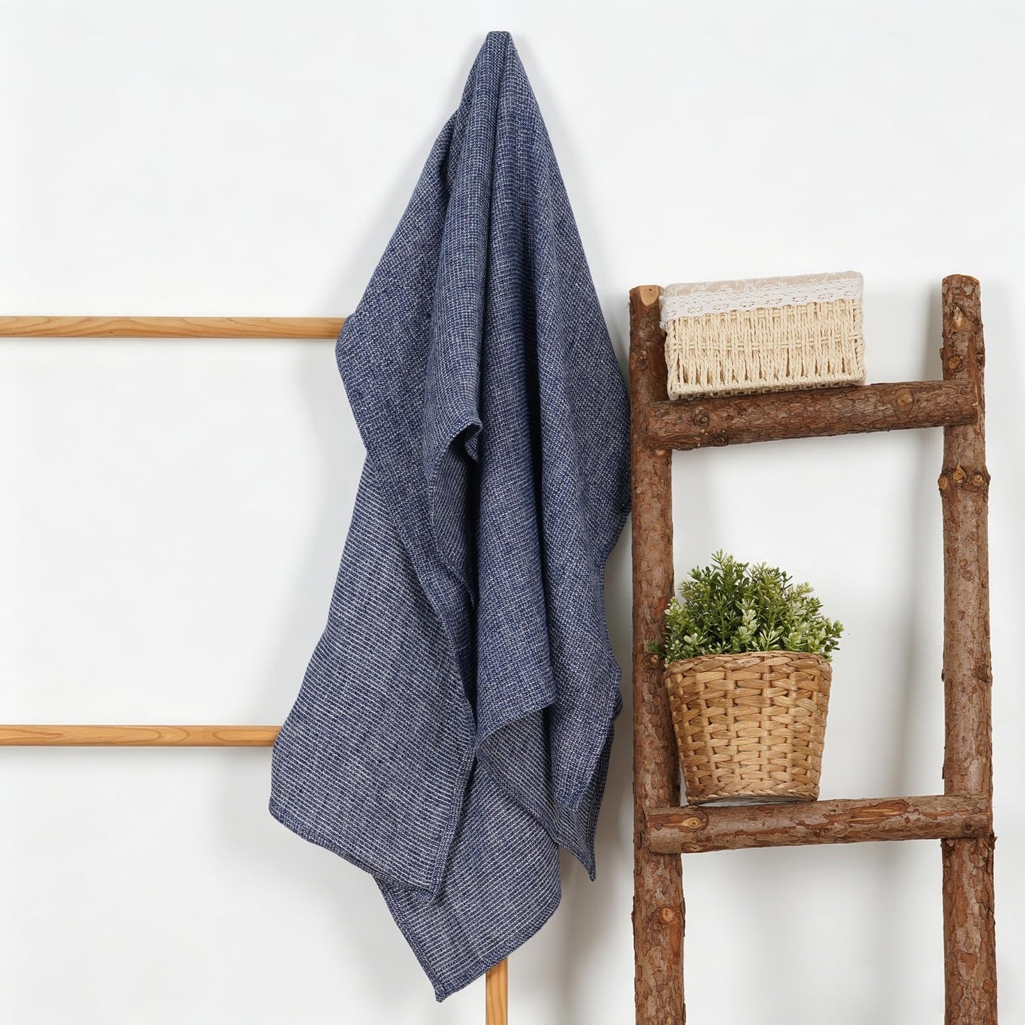 HSOFTIFY 100% Pure Linen Waffle Weave Bath Towel with Hanging Loop, Blue