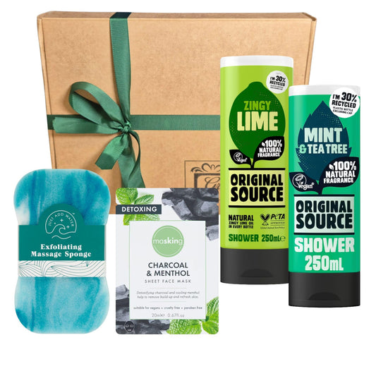 Men?s Christmas Shower Gift Set ? Original Source Zingy Lime & Tee Tree & Mint Shower Gels, Hydrating Face Mask, Shower Sponge ? Refreshing Festive