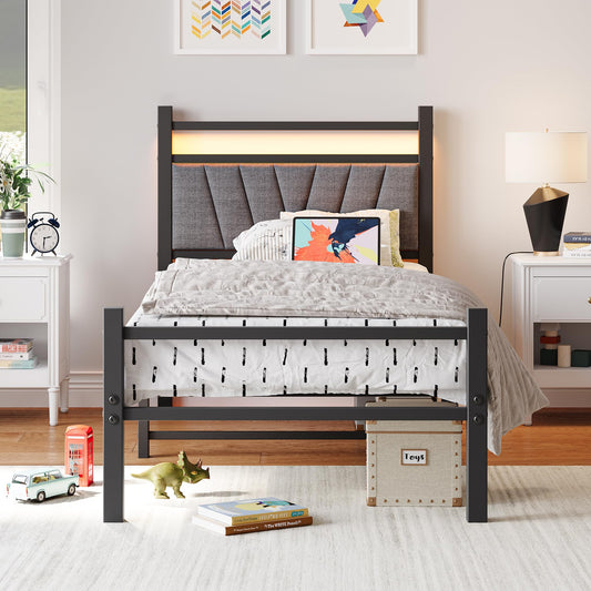 FOUBAM 3FT Single Bed Frame, Metal Platform Upholstered Bed frame with Headboard and USB Charging Station,Heavy Duty Bed Single Size with LED Lights,