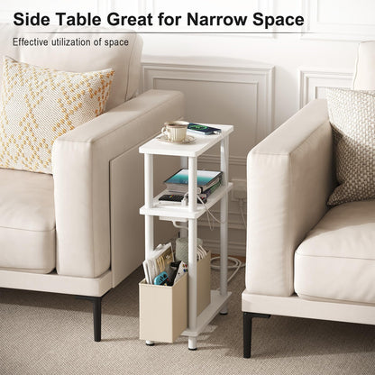APICIZON Narrow Side Table, 3 Tier Bed Side Table, Slim End Table with Charging Station, for Living Room, Bedroom