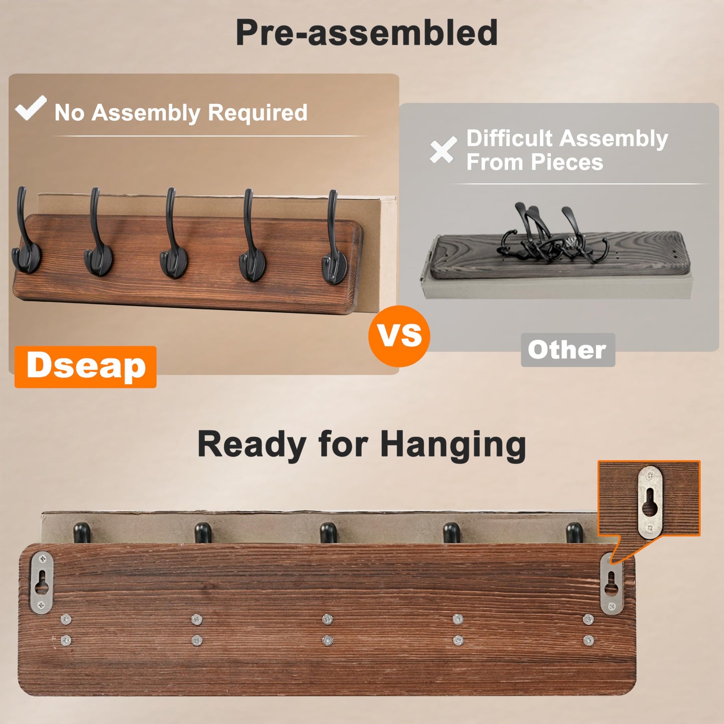 Dseap Coat Rack Wall: Patented, Heavy-Duty, 5-Double-Hooks Wooden Wall Mounted Coat Rack Coat Hanger Hook Rail for Winter Coats Hat Jacket Clothing