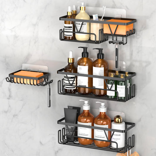Kegii Shower Caddy with Soap Holder - Stick on Shower Organiser Stainless Steel Shower Shelf No Drilling Self Adhesive Bathroom Shelf (4 Pieces,