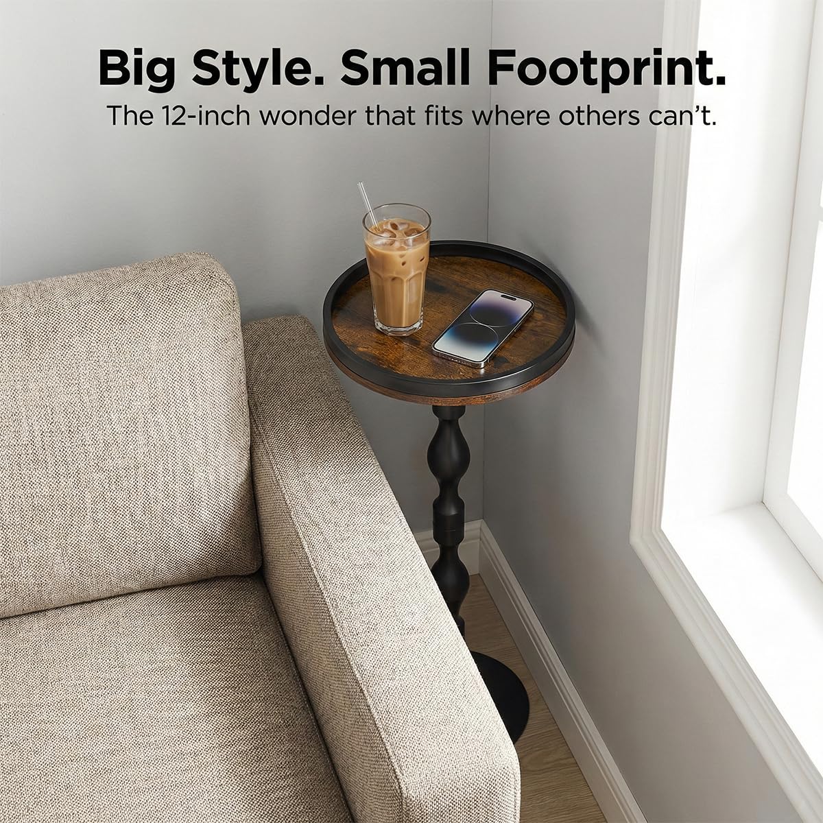 ZEXVIDA Industrial Round Side Table,Black Metal & Dark Wood Drinks Table with Tray Top, Rustic Martini End Table for Living Room