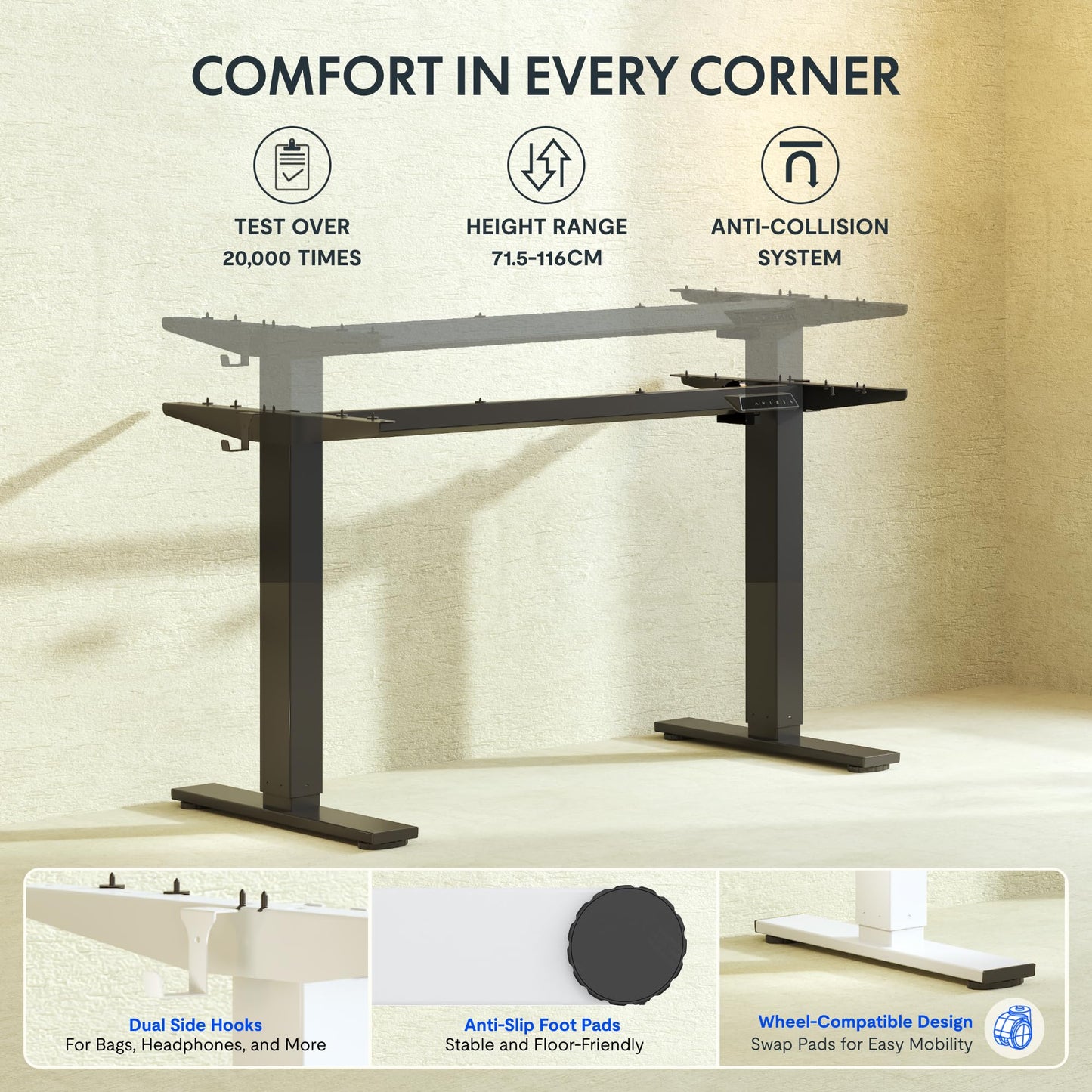FLEXISPOT Height Adjustable Electric Standing Desk Frame Ergonomic Sit-stand Workstation with Memory Smart Panel EN1(2 Stage | Black)
