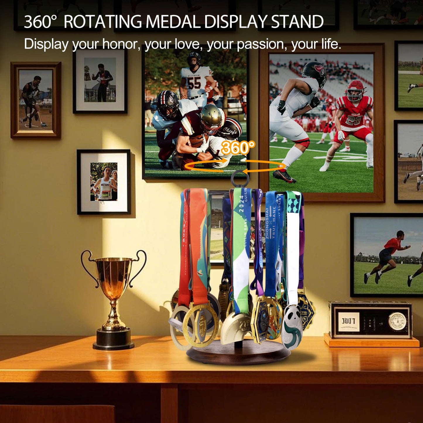 Enjoyard 360° Rotating Medal Holder for 30+ Medals Medals Stand for Football Running Swimming Choice for Honor