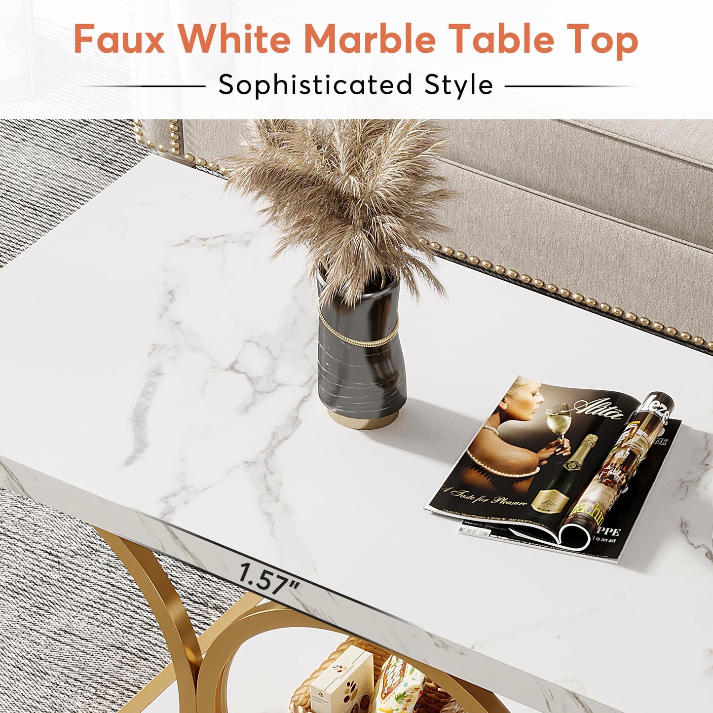 LITTLE TREE White Rectangle Coffee Table, 47 Inches Modern Coffee Tables for Living Room, 2-Tier Faux Marble Wood Coffee Table with Storage