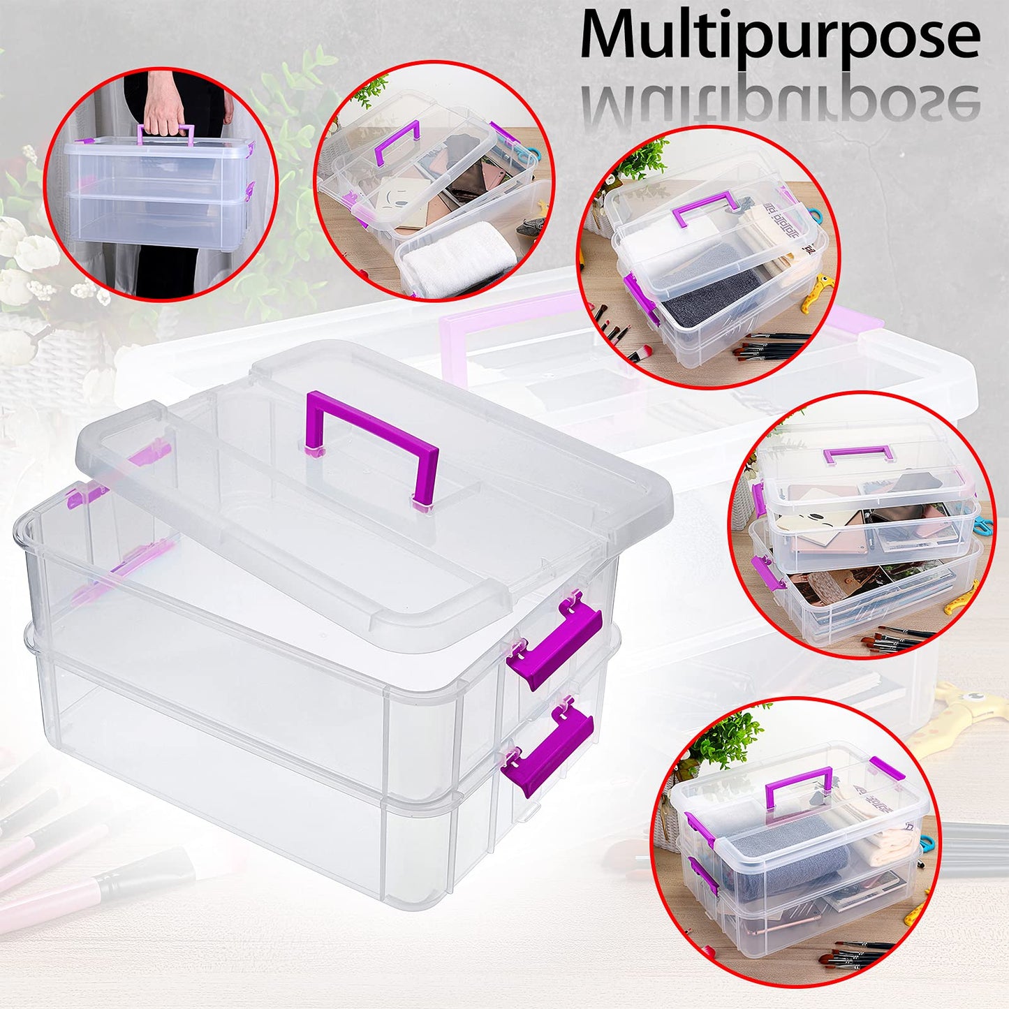 IGNPION 2-Tier Stackable Craft Storage Box Plastic Adjustable Storage Containers with Carry Handle Transparent Containers Organiser for Art & Craft