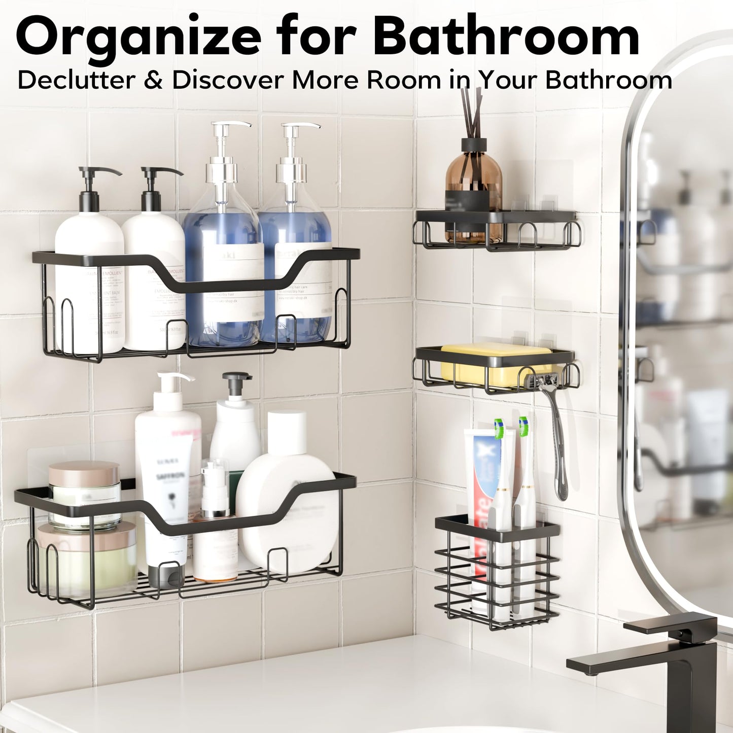 Cubbiesavor Shower Caddy 5 Pack, Stainless Steel Shower Shelf No Drilling with Toothbrush, Razor and Soap Holder Set, Black Bathroom Accessories