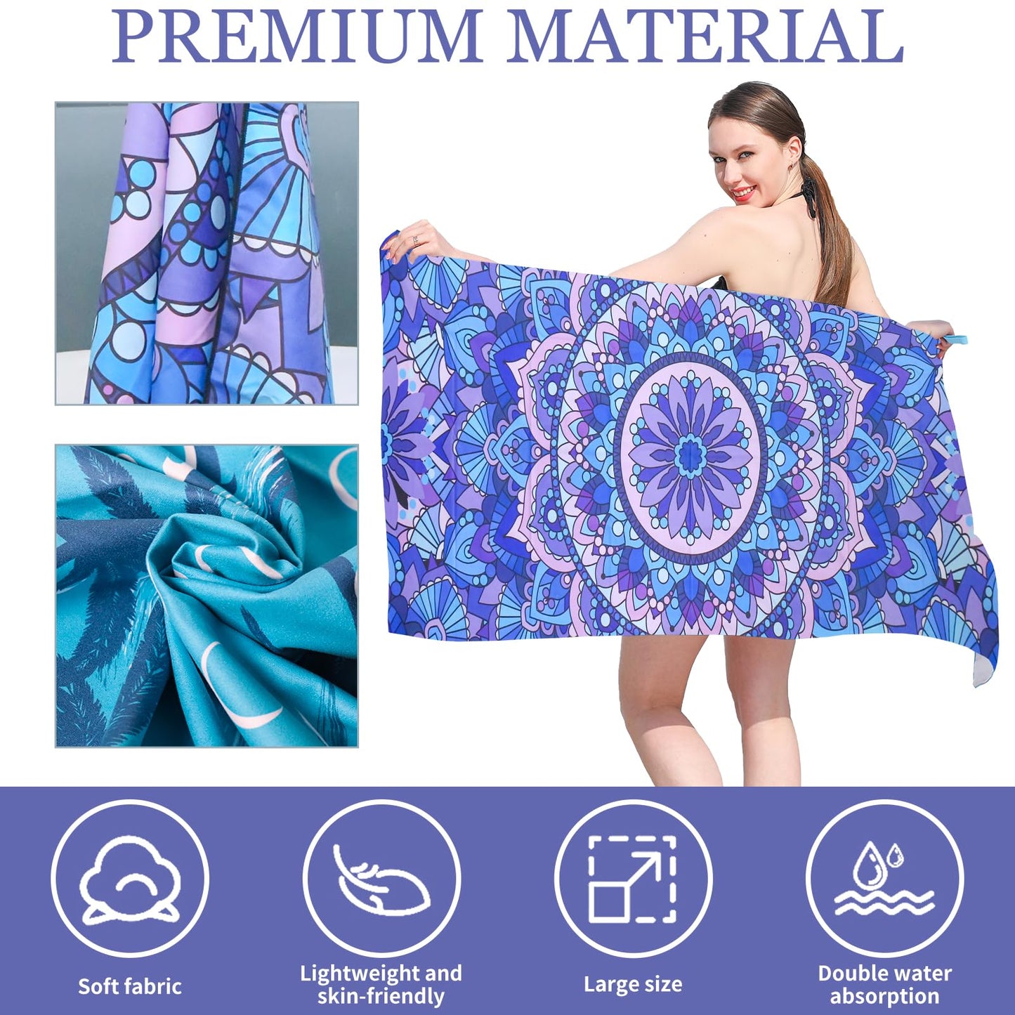 TMEOG Microfibre Beach Towels 180x80cm Extra Large Sand Free Beach Towel for Adults Compact Thin Travel Towel Women Men Lightweight Swim Pool Yoga