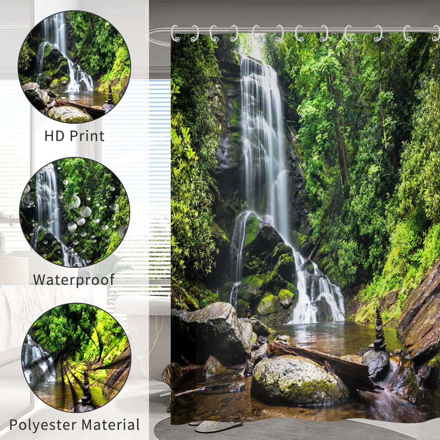 Hnmdmyi Forest Shower Curtain 120x180, Tropical Jungle Rainforest Green Tree Plant Nature Landscape Waterfall Scenery Bathroom Curtains Waterproof