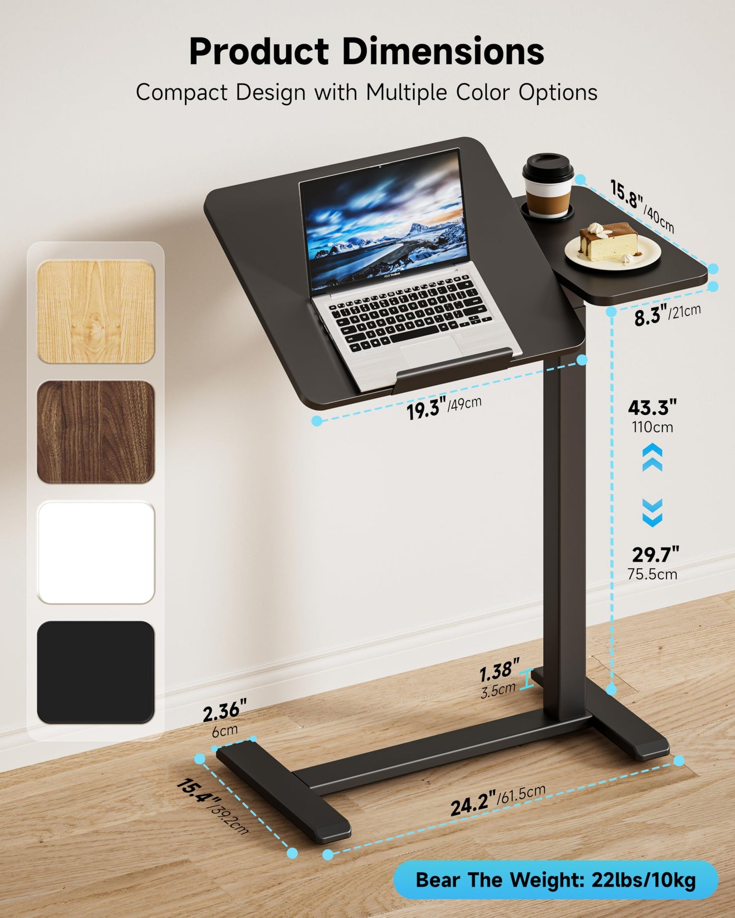 BZIUM Overbed Bedside Table with Hidden Wheels, Adjustable Medical Tilt Top Hospital Bed Table Over The Bed, Rolling Desk Mobile Standing Desk