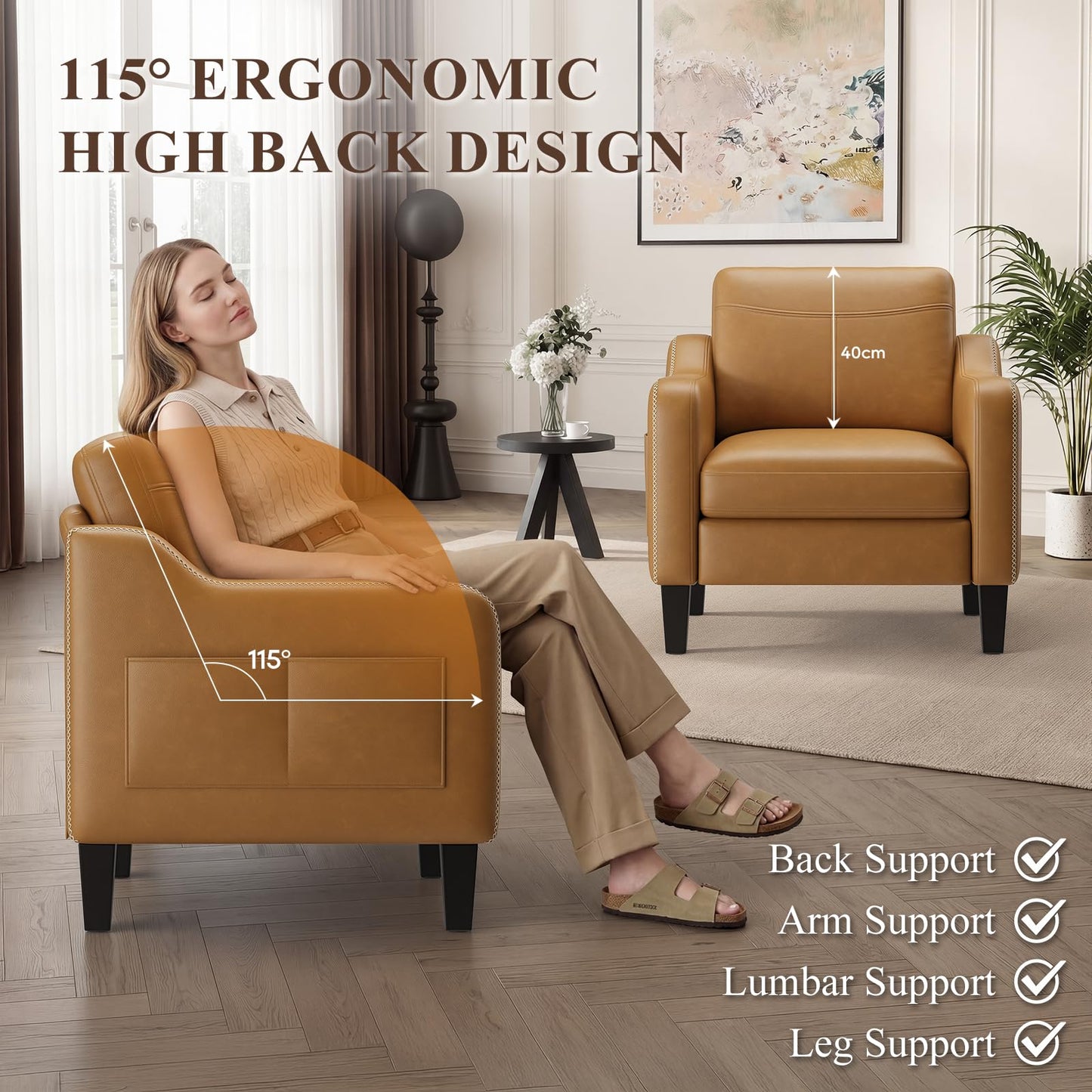 Arm Chairs for Living Room Set of 1, Accent Chair with Side Storage Pocket, PU Leather Armchairs with Thick Cushion