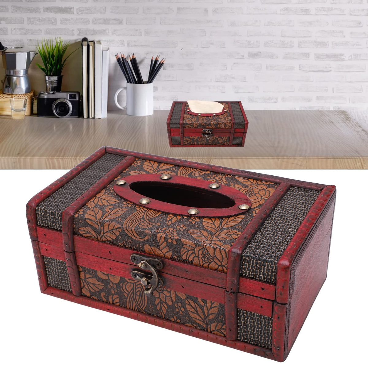 Wooden Crafted Classical Antique Book Tissue and Rectangular Wooden Tissue Box Cover,Retro Tissue Box,Novelty Napkin Paper Holder Box Cover for