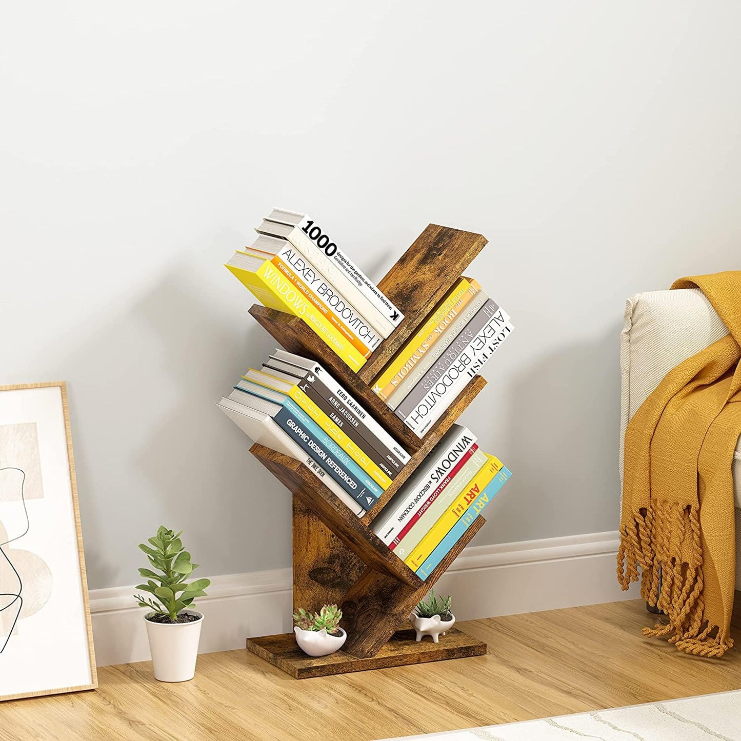 Hoctieon 4 Tier Tree Bookshelf, 4 Shelf Bookcase, Modern Book Storage, Free Standing Tree Bookcase, Utility Organizer Shelves for Home Office