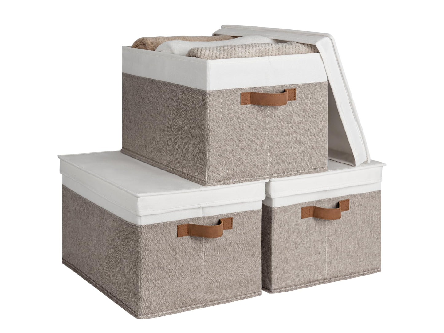 StorageWorks Storage Boxes with Lids, Fabric Storage Boxes with Lids, Stackable Storage Basket for Shelves with PU Handles