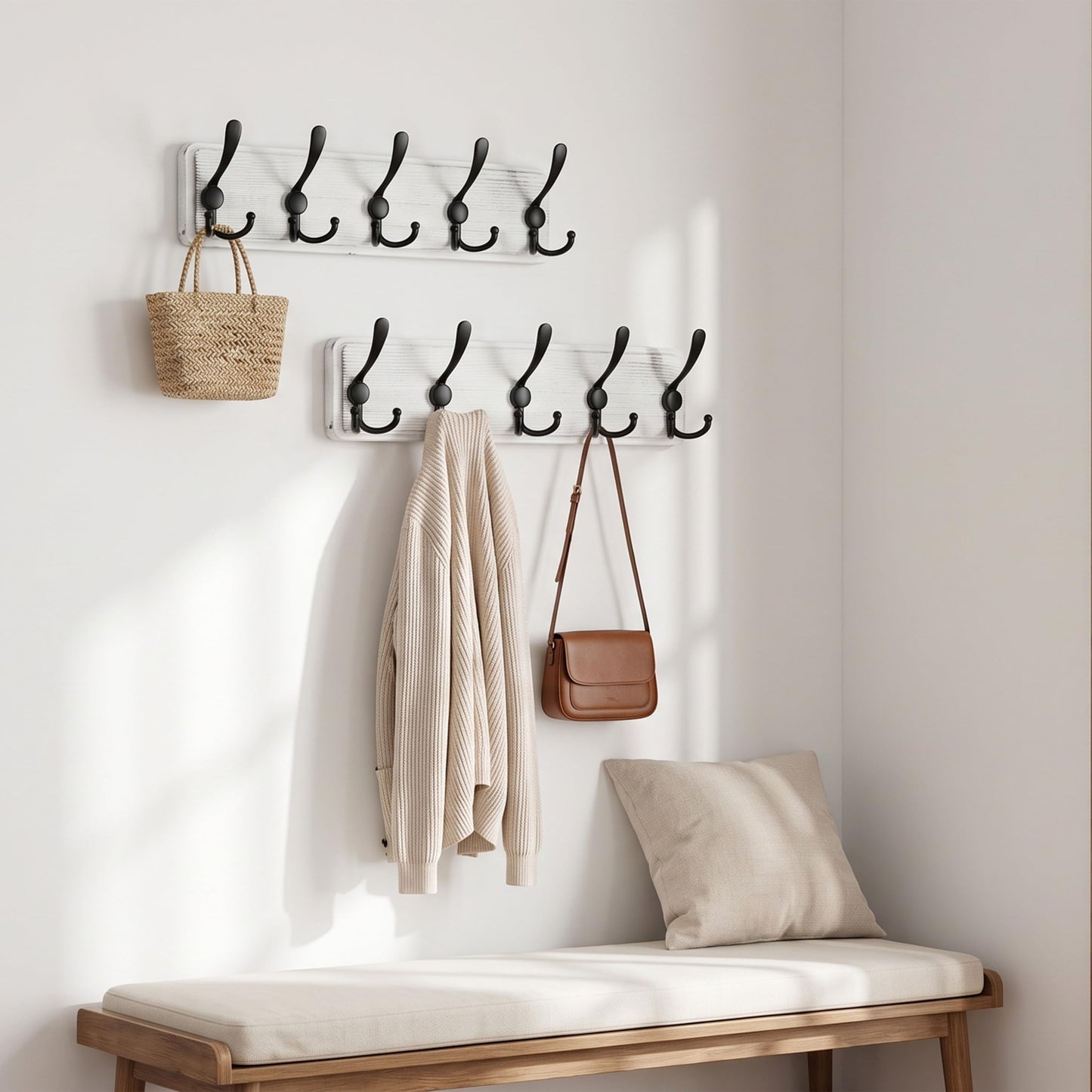 WEBI Coat Rack Wall Mounted,Wood Coat Hooks Wall Mount,16" Hole to Hole,Coat Hanger Wall,Hook Rack Rail,5 Triple Hooks for Hanging
