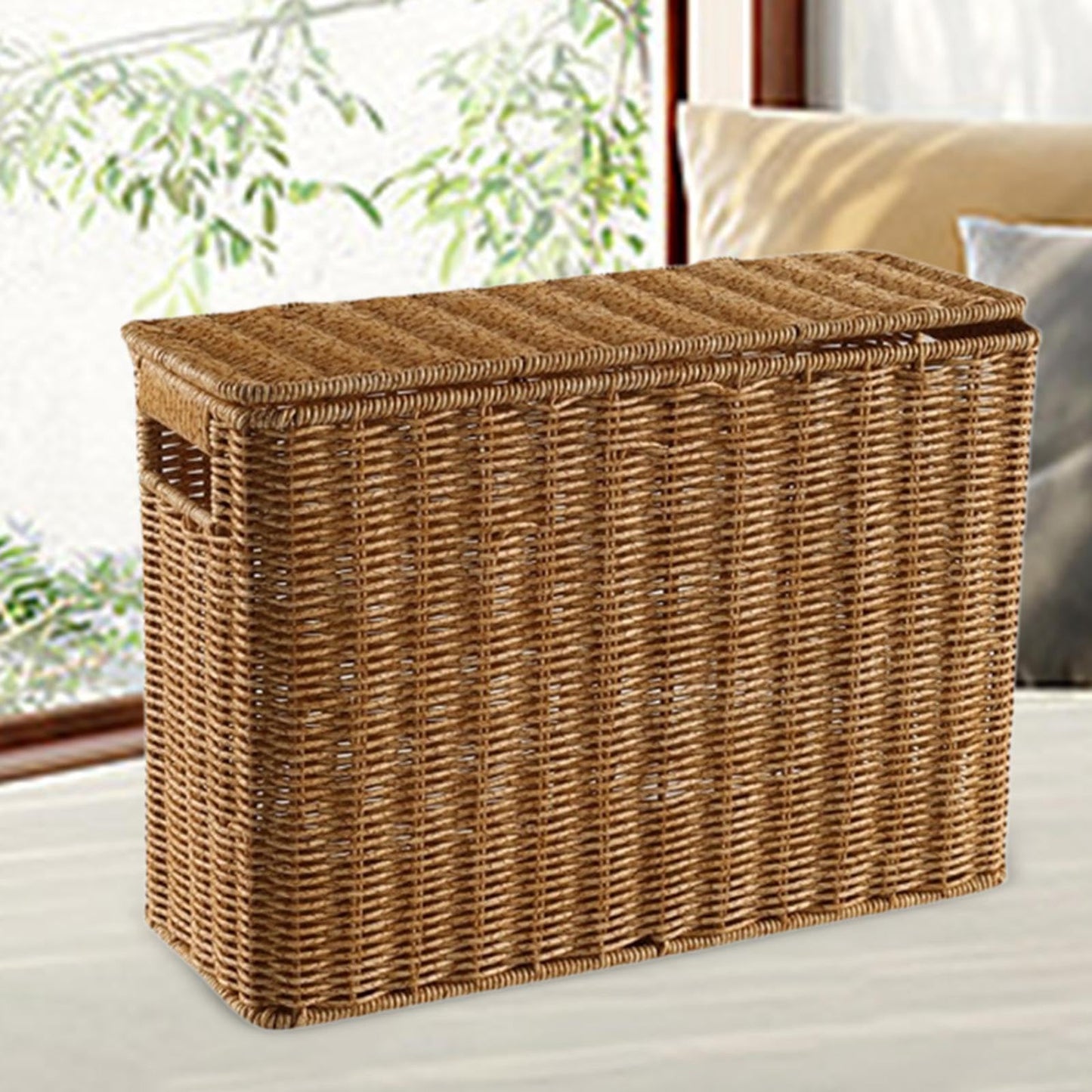 HGZLQKD Narrow and Tall Storage Box, Woven Magazine Holder with Lid Portable Narrow Basket Bin, Narrow File Holder for Bathroom, L