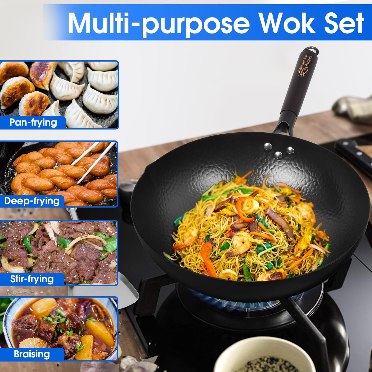 Souped Up Recipes 13.4 Inch Carbon Steel Wok for Electric, Induction and Gas Stoves (Lid, Spatula and User Guide Video Included)