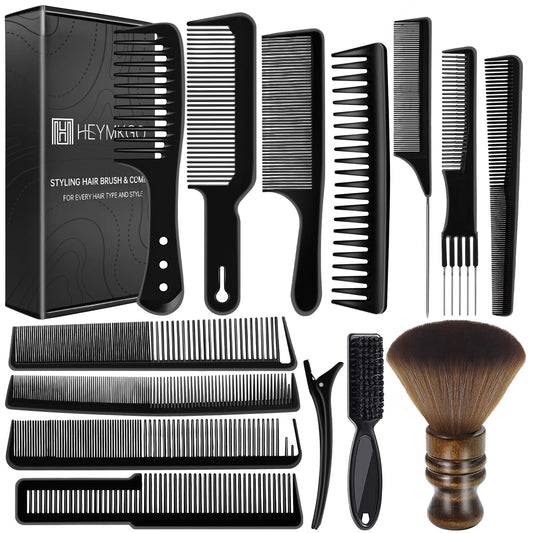 HEYMKGO 14 Pcs Professional Barber Hair Comb Set for Men & Women, Hair Cutting Kit with Wide Tooth Comb, Rat Tail Comb, Clipper Brush, Neck Duster,