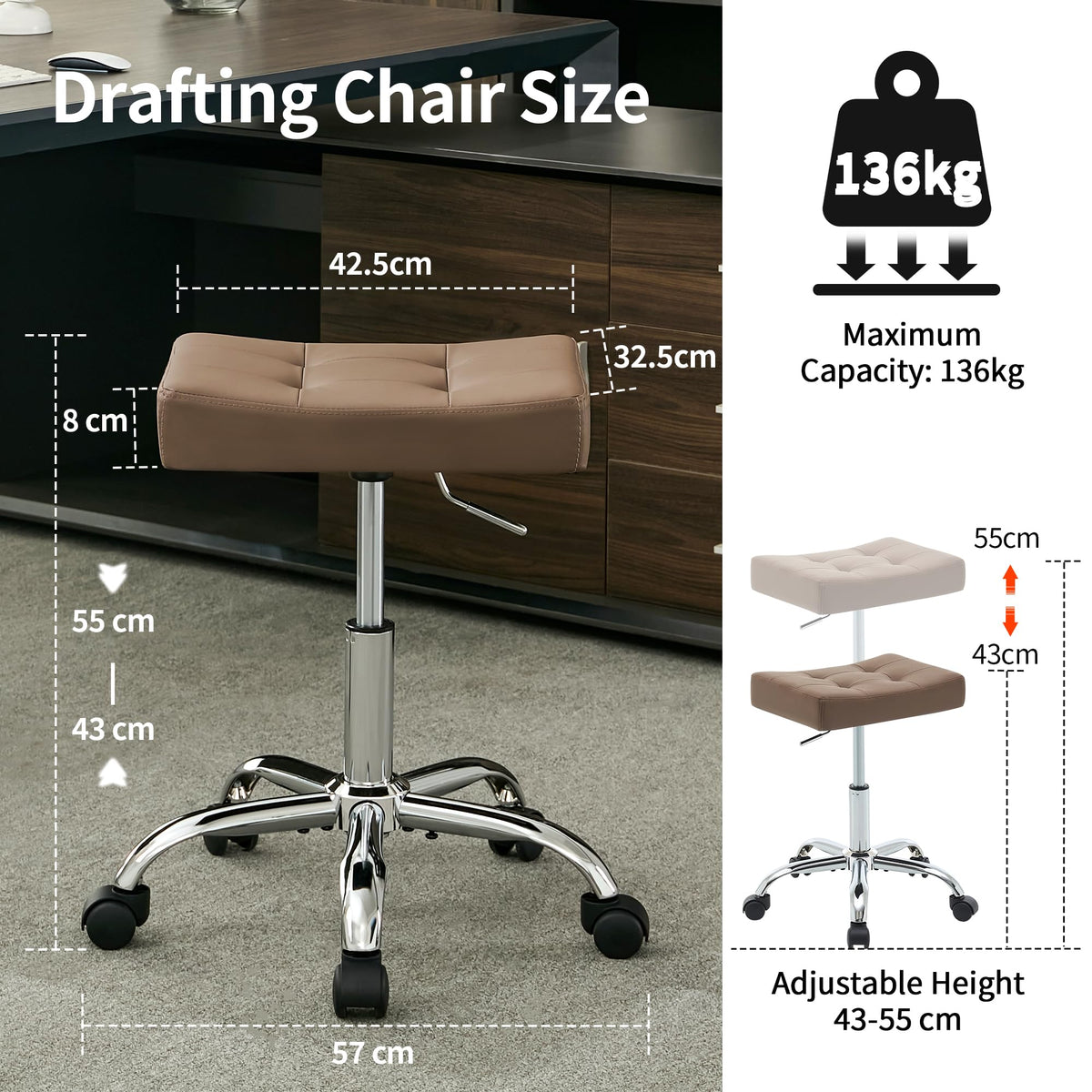 FIRAVOE Ergonomic Desk Stool with Wheels Adjustable Height 43.5–54.5 cm 136 kg Capacity Faux Leather Office Stool