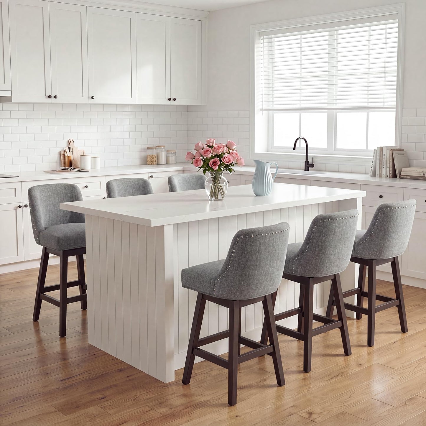 Bar Stools Set of 6, 360° Swivel Upholstered Counter Stools with Back, Wooden Frame Kitchen Bar Chairs with Nailhead Trim