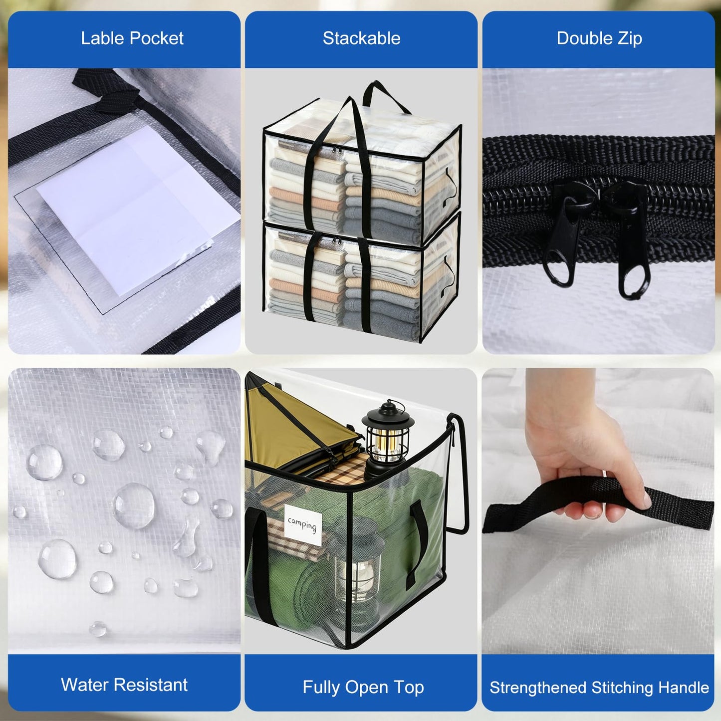 6 Pack Clothes Storage Bags with Zips, 94L Heavy Duty Clear Moving Bags