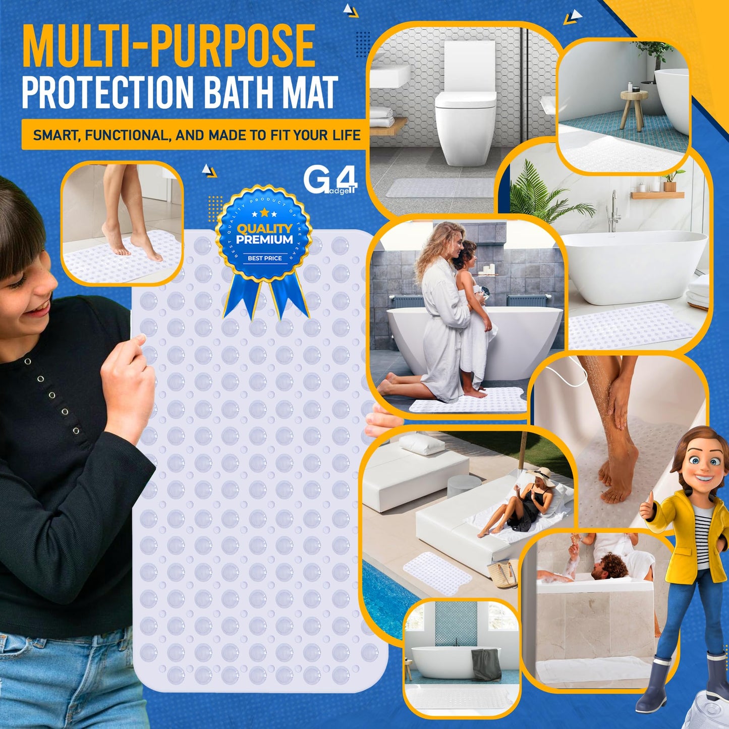 Bath Mat Non Slip Anti Mould 70cm x 38cm With Strong Suction Cups & Drain Holes Shower Mats PVC Bathroom Mat Machine Washable