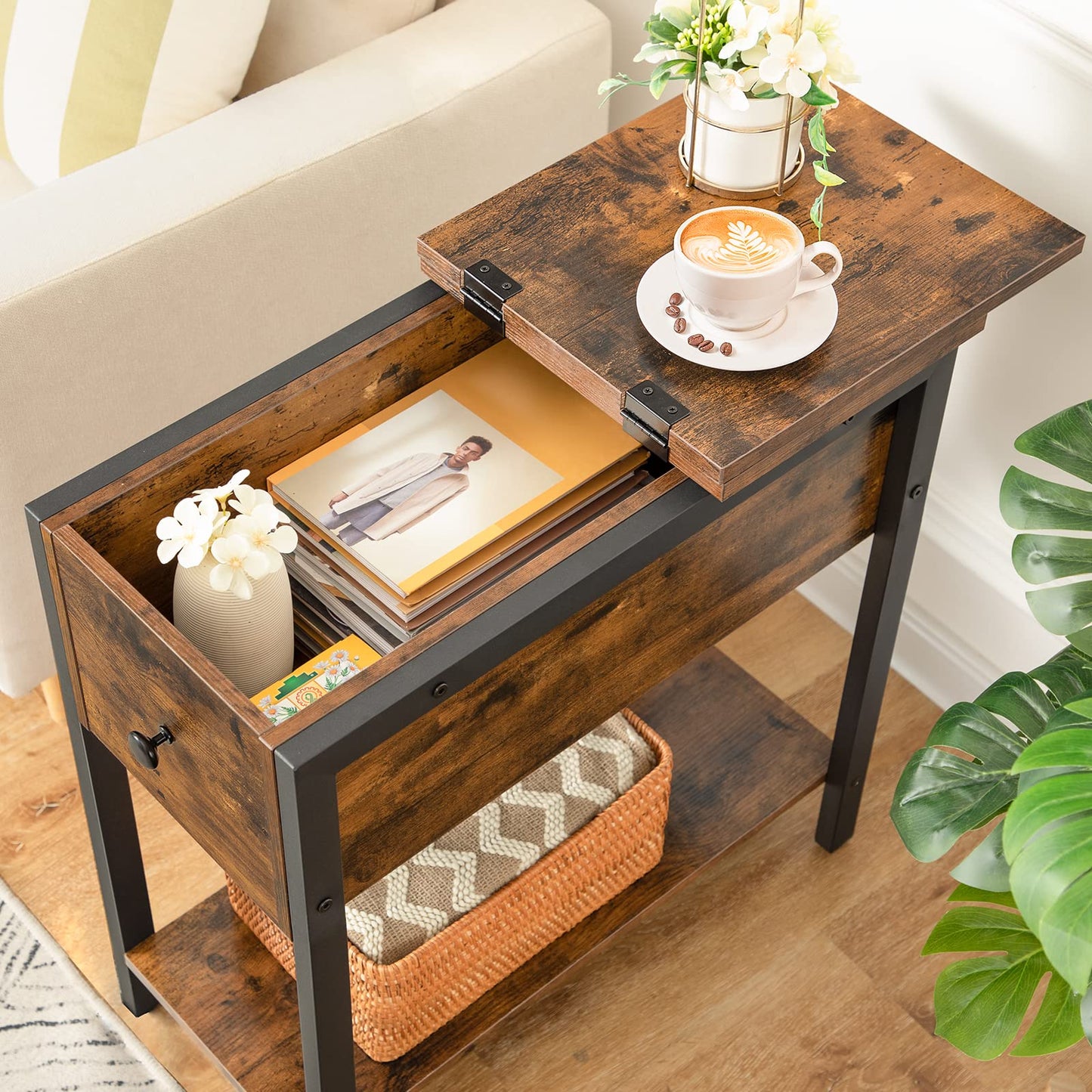 HOOBRO Narrow Side Table, Slim Bedside Table for Small Spaces, Flip Top End Table, Couch Arm Chair Side Table with Storage Shelf