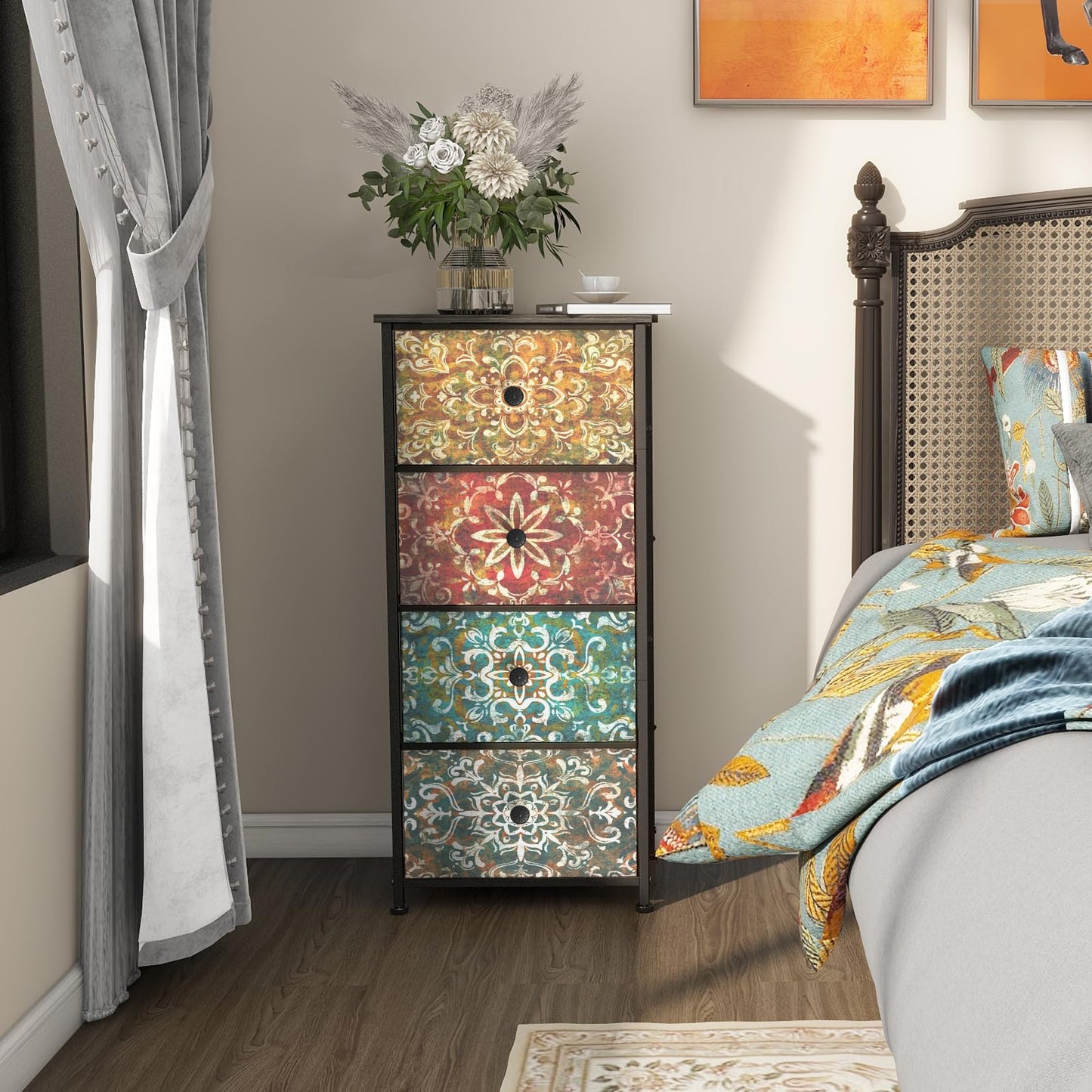 Welfuturer Chest of Drawers with 4 Fabric Drawers Bohemian Print Bedroom Storage Unit Nightstand End Table with Wood Top Metal Frame for Bedroom