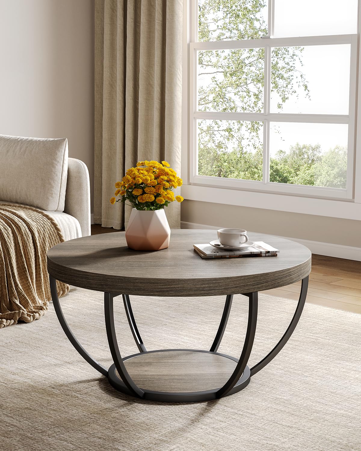 LITTLE TREE Round Coffee Table, 32 Inch Round Coffee Table for Living Room, 2 Tier Wooden Side Center Table with Open Storage