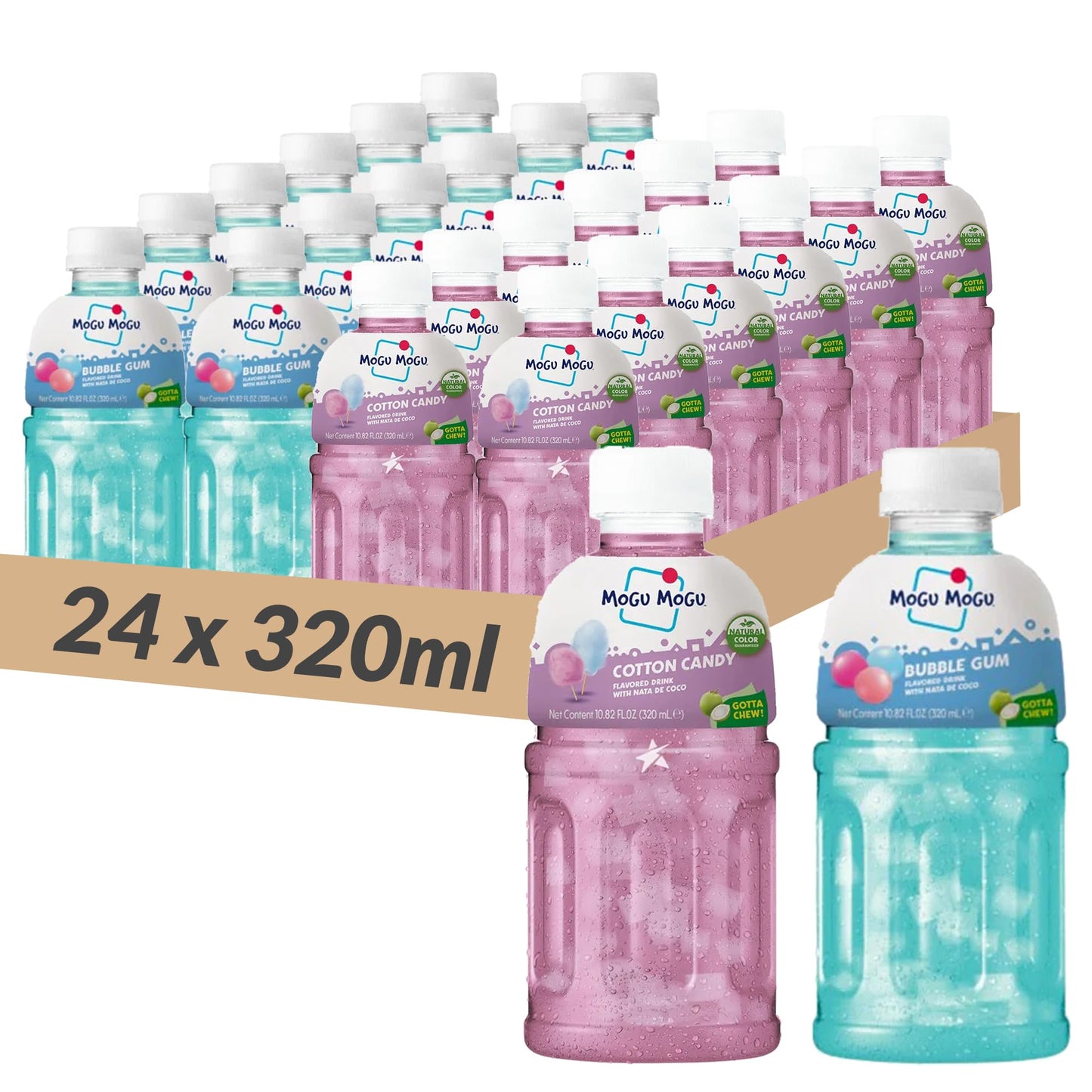 MOGU MOGU Real Fruit Juice with Nata De Coco 320ml | Random Flavours Selected (24 Case (COTTON CANDY + BUBBLE GUM))