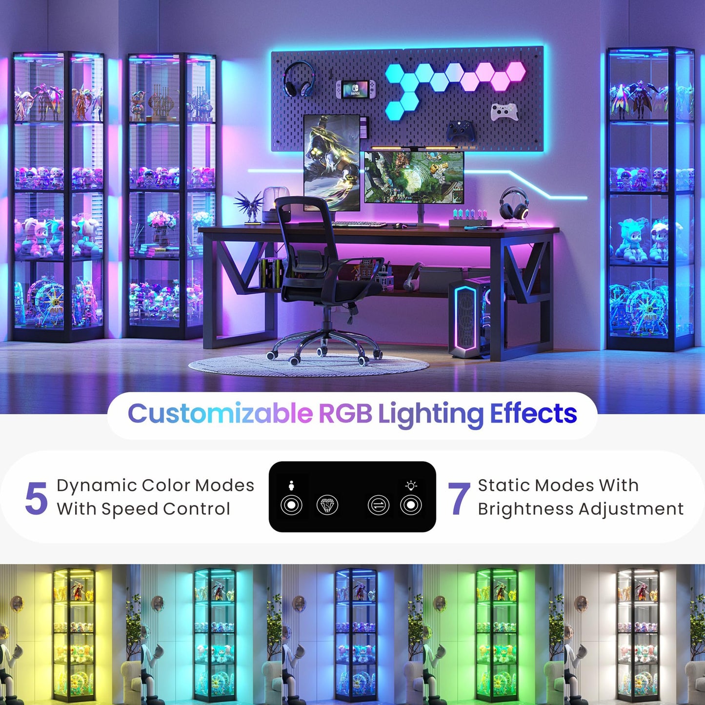 FREDEES Glass Display Cabinet with RGB Lights, 175CM, Black
