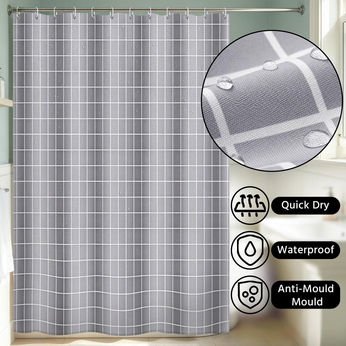FAVORTALK Shower Curtain Grey Checkered Waterproof 180x180 cm Polyester Bathroom Curtain Grid Thick Duty Bath Curtains with 12 Hooks Resistant