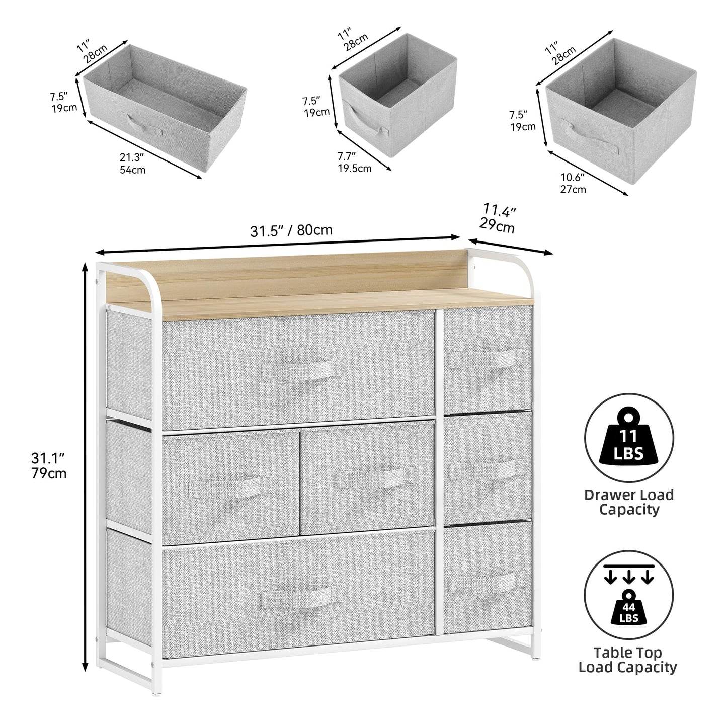 DWVO Chest of Drawers,Fabric Chest of Drawers Bedroom Cabinet with 7 Drawers,Dresser for Bedroom,Living Room With Handles,Wood Top and Sturdy Steel