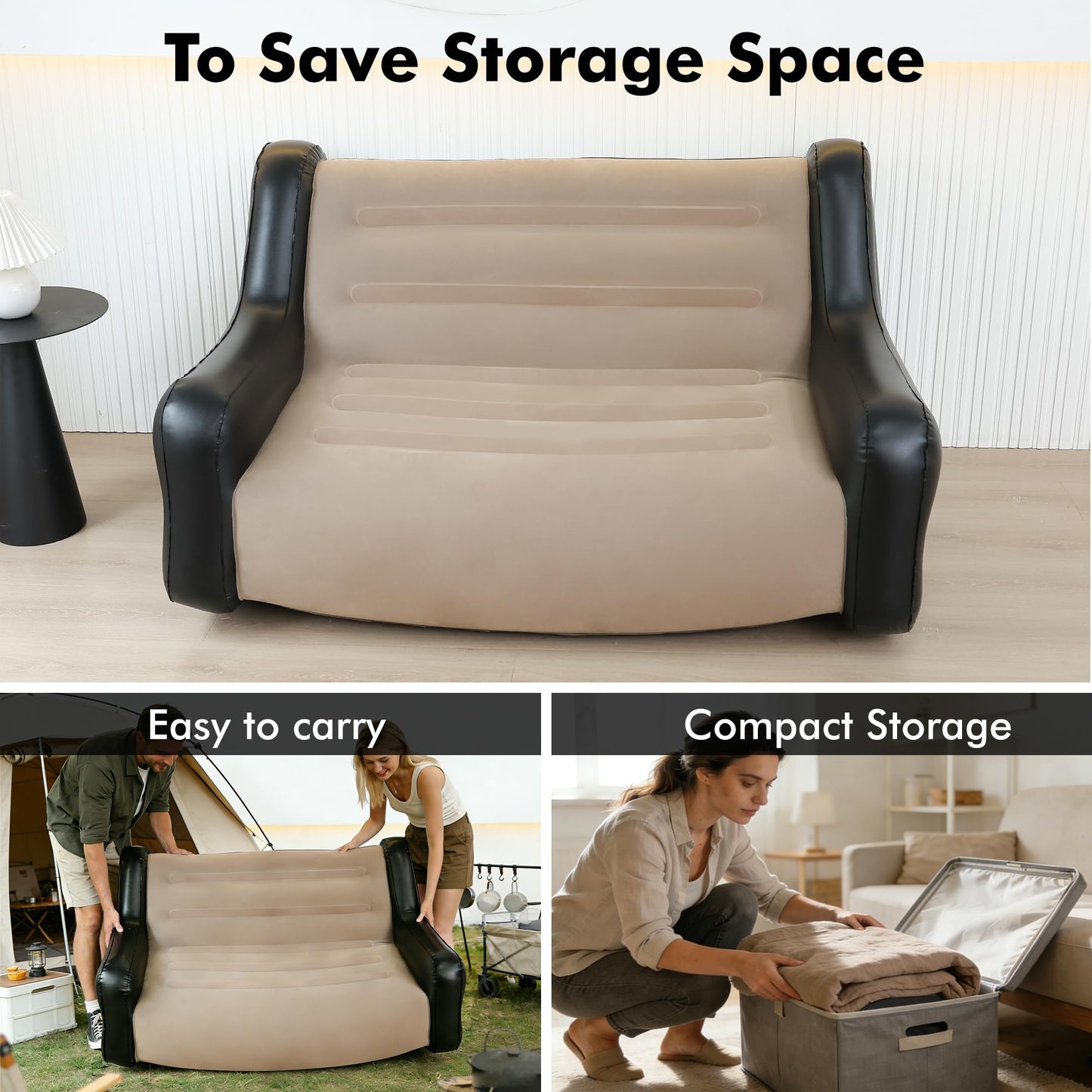 LONEEDY Inflatable Two-Tone Chair Sofa with Armrests Blow up Seat Game Room Lounger, Outdoor Camping Garden Couches Soft Plush Fabric for Adults Kids