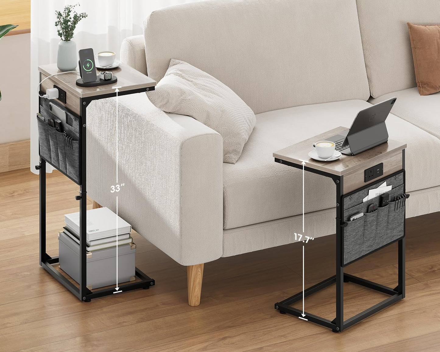 Vagusicc C-Shaped Side Table with Charging Station, Height Adjustable Sofa Side Table, Bedside Table, End Table for Small Spaces