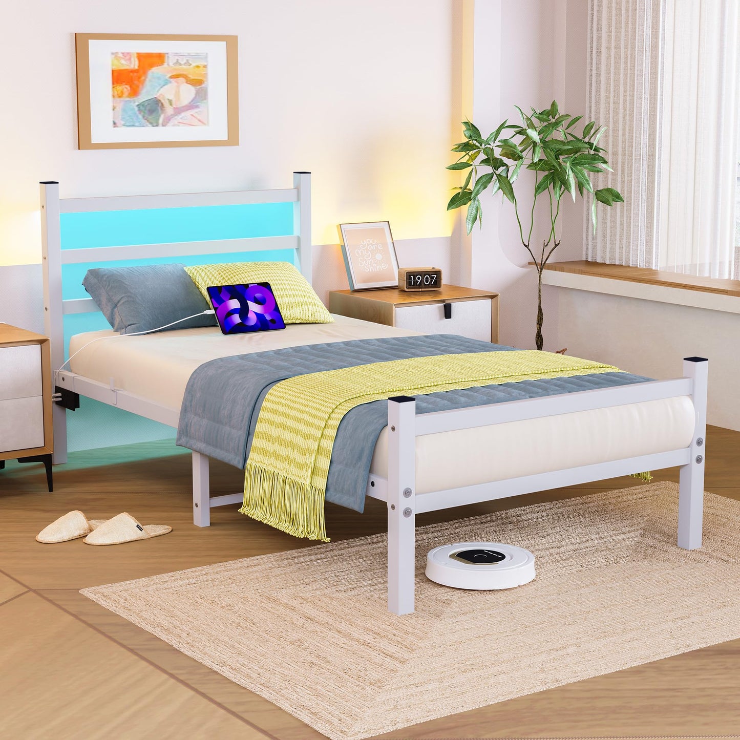 BORPHOM 3ft Single Bed Frame with Headboard & LED Lights,Heavy Duty Metal Platform Bed Frame with Charging Station,Mattress Base/Strong Steel Slats