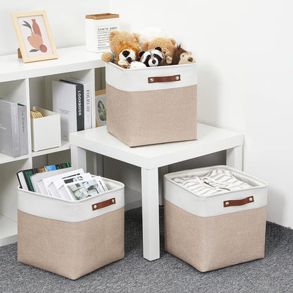 Mangata Collapsible Storage Cube Boxes, 30cm Cube Linen Woven Fabric Storage Baskets with Leather Handles 3pcs Light Khaki and White