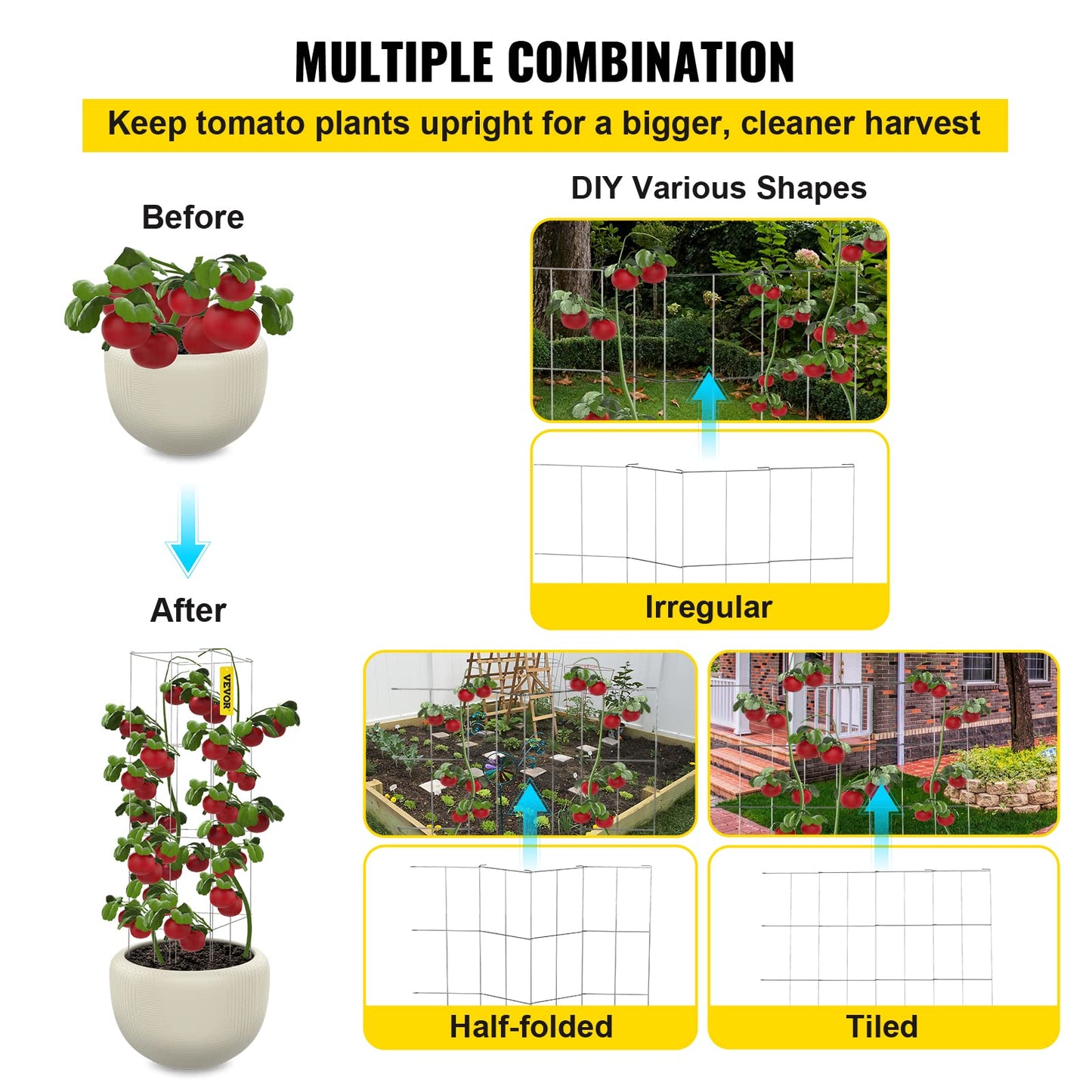 VEVOR Tomato Cages, 11.8" x 11.8" x 46.1", 5 Packs Square Plant Support Cages, Silver PVC-Coated Steel Tomato Towers for Climbing Vegetables, Plants,