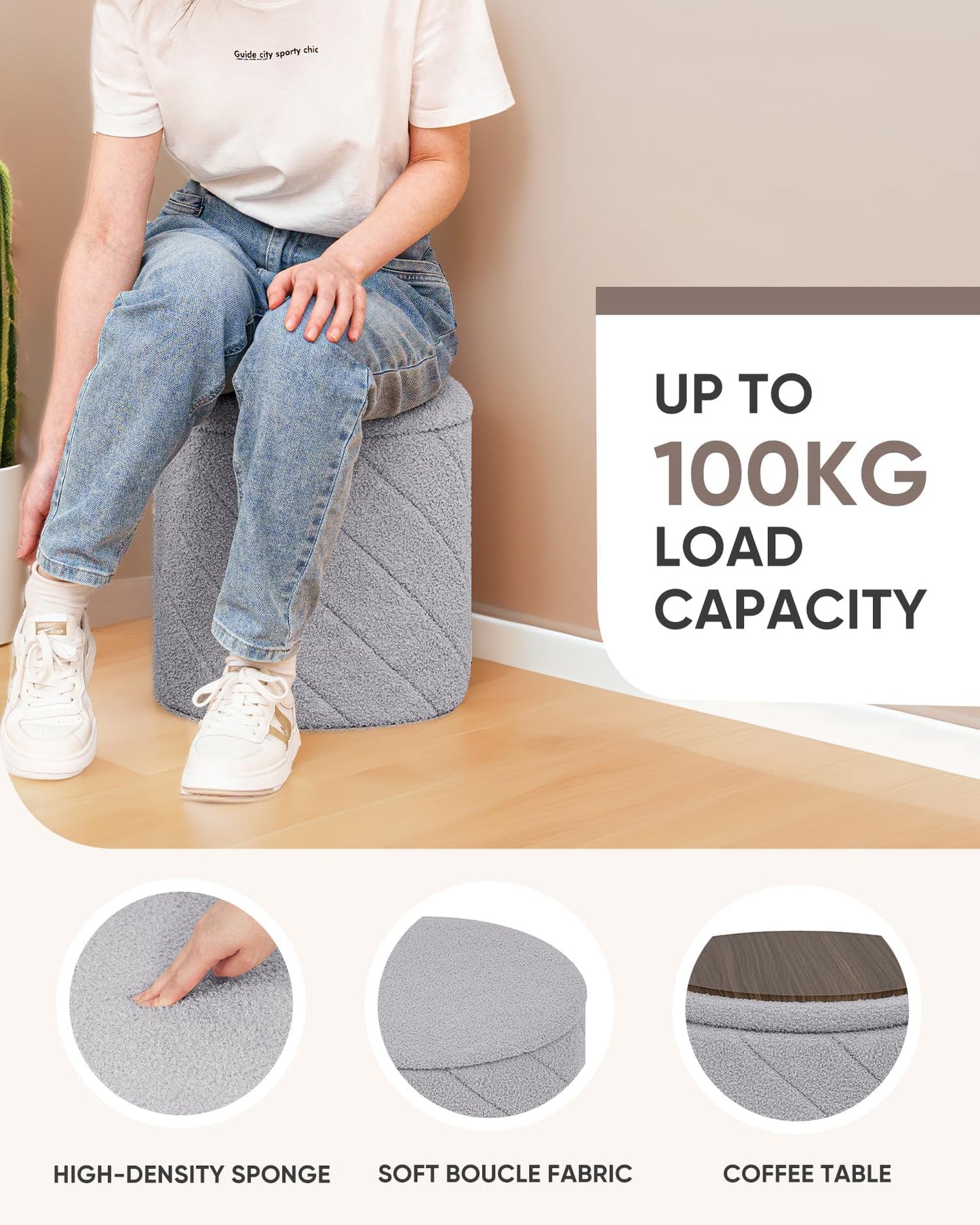 Bonlife Folding Round Ottoman Stool with Storage,Dressing Table,Grey,33cm