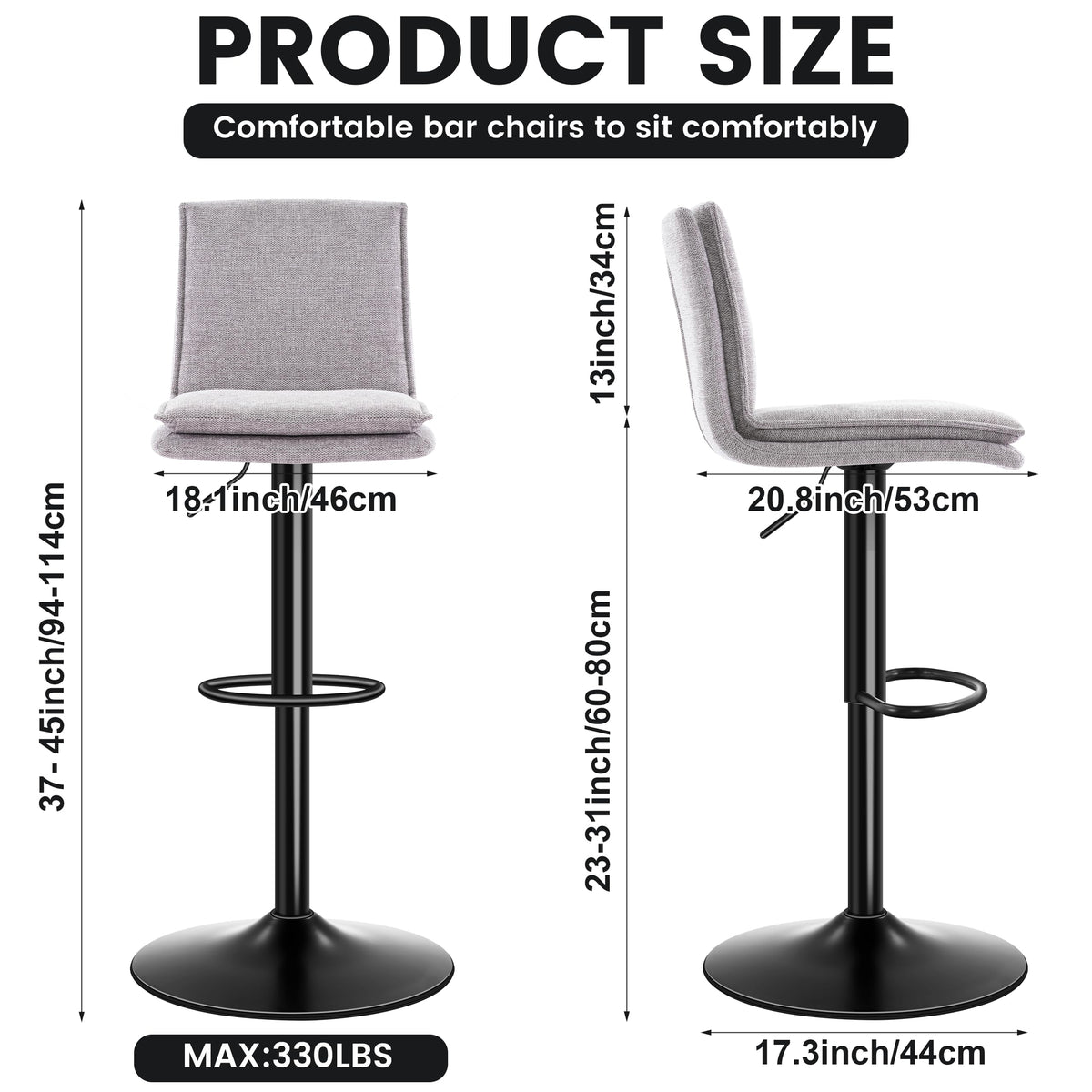 LXRADEO Bar Stools Set of 2 Adjustable Swivel Counter Height Breakfast Barstools with Backrest - Breathable Linen Fabric & Soft Cushioned Seat