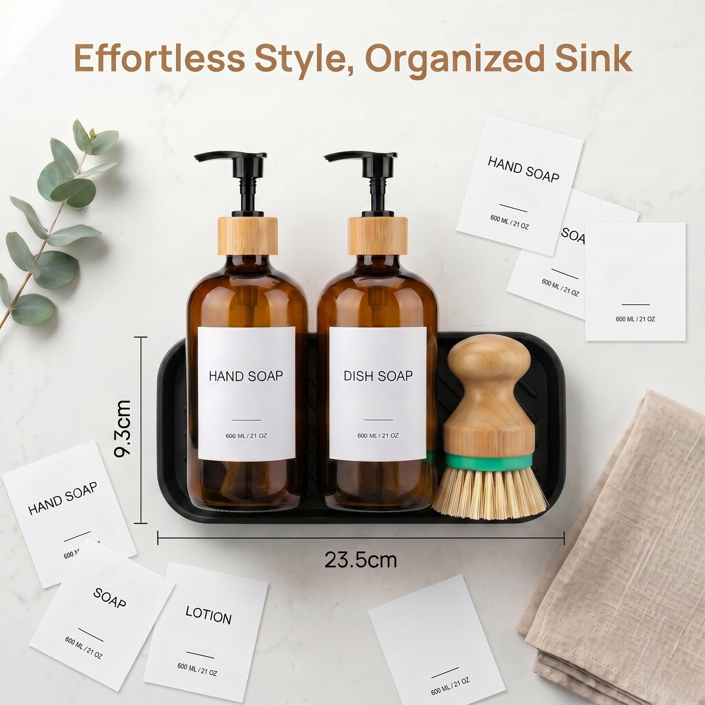 Hand & Dish Soap Dispenser with Dish Brush, Washing Up Liquid Dispenser Set 600ml/21oz, PET Plastic Bottle with Bamboo Pump