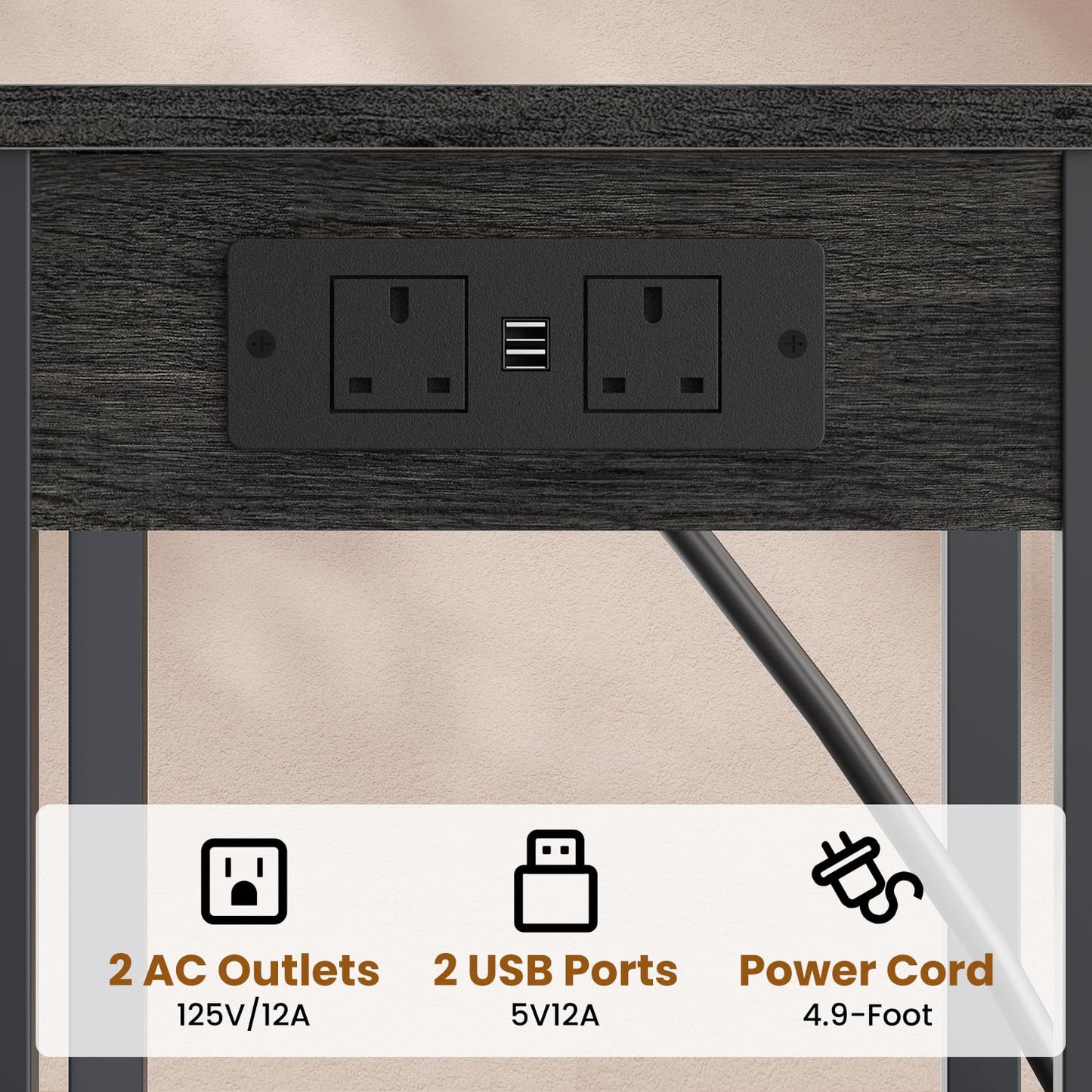 Asgolion Side Table with Charging Station, 3 Tier Tall Slim Side Table with USB Ports and Outlets, Narrow Tall Nightstand with Storage for Bedroom