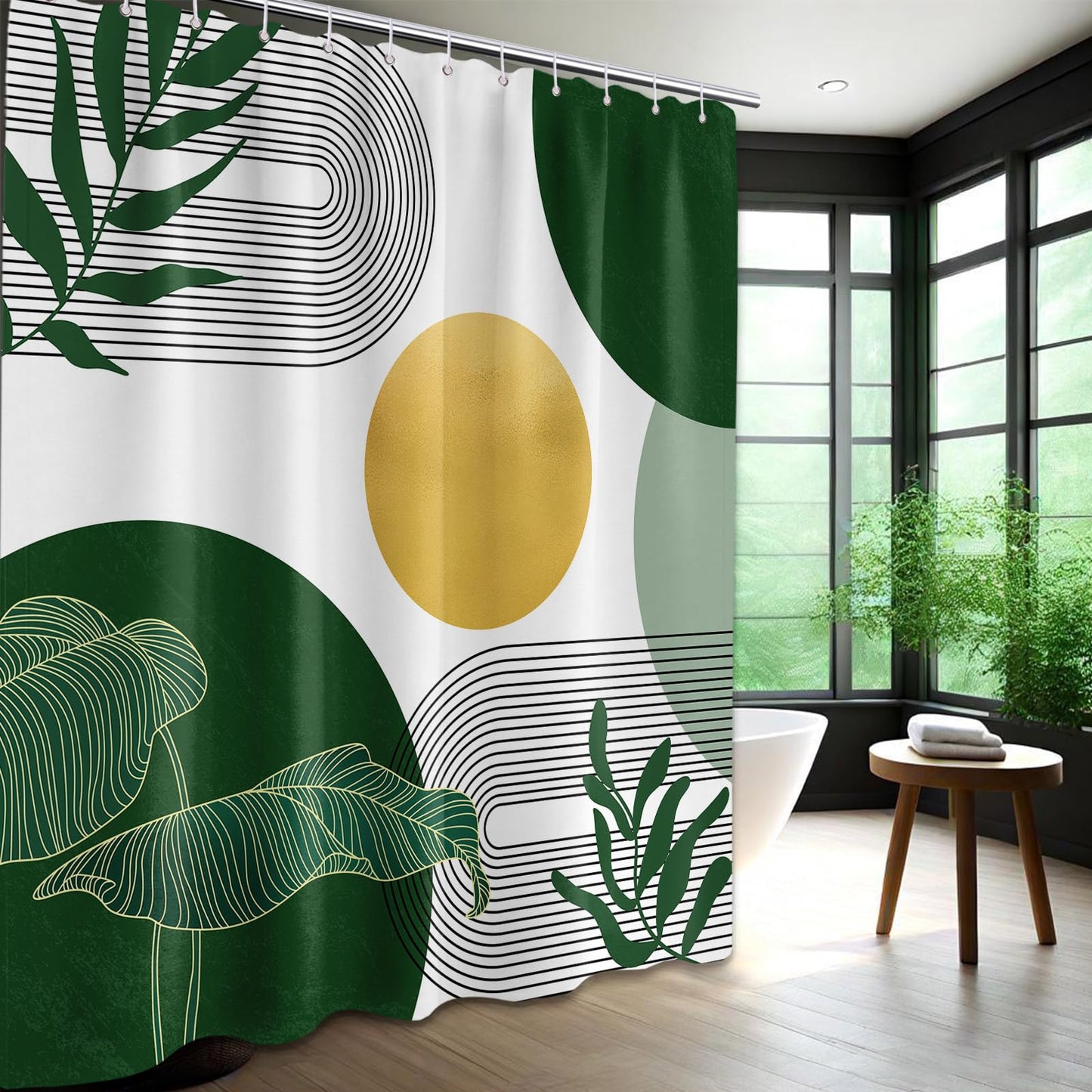 LanZanthic Dark Green and White Shower Curtains for Bathroom Olive Gold Emerald Mid Century Boho Wet Room Shower Curtain with hooks