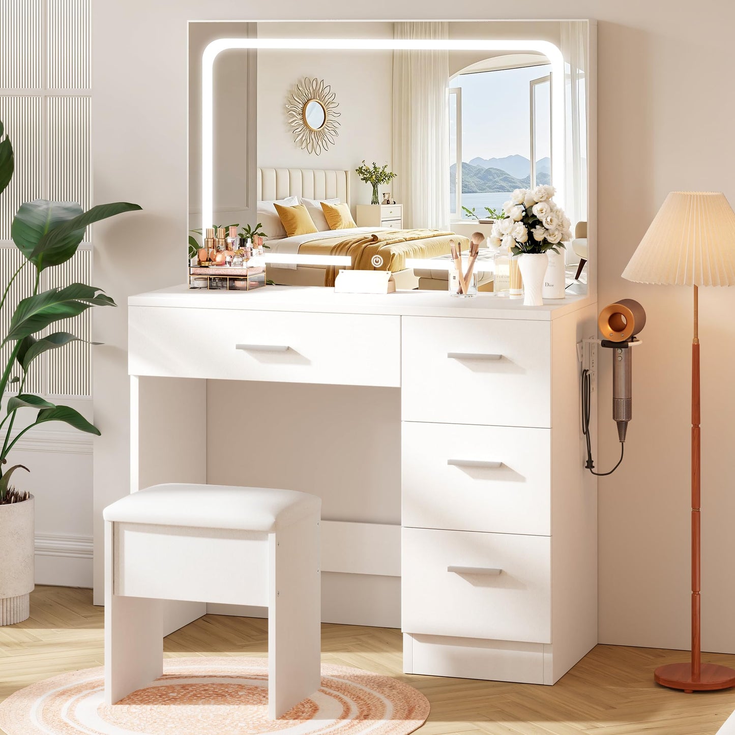 LIVELYGLOW Dressing Table with Smart LED Mirror & Power Outlet, 90cm White Makeup Vanity Desk Set with 4 Drawers, Hairdryer Holder & Cushioned Stool